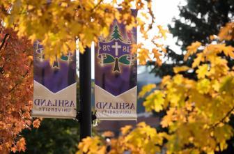 印有葡京平台线上校徽的灯杆横幅被长满秋叶的树木包围